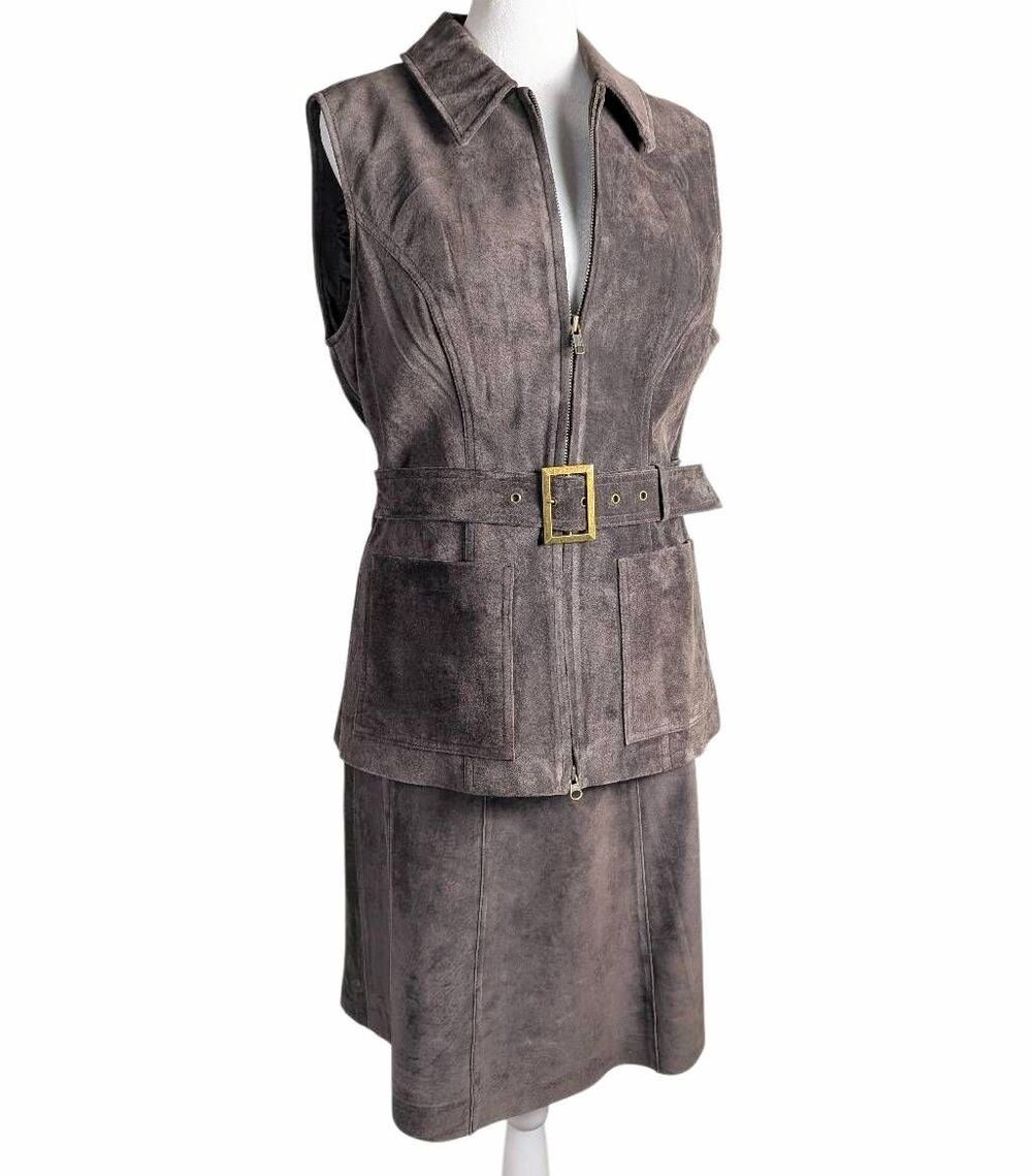Vintage 90s Washable Suede Chocolate Brown belted vest & skirt set size M & 4